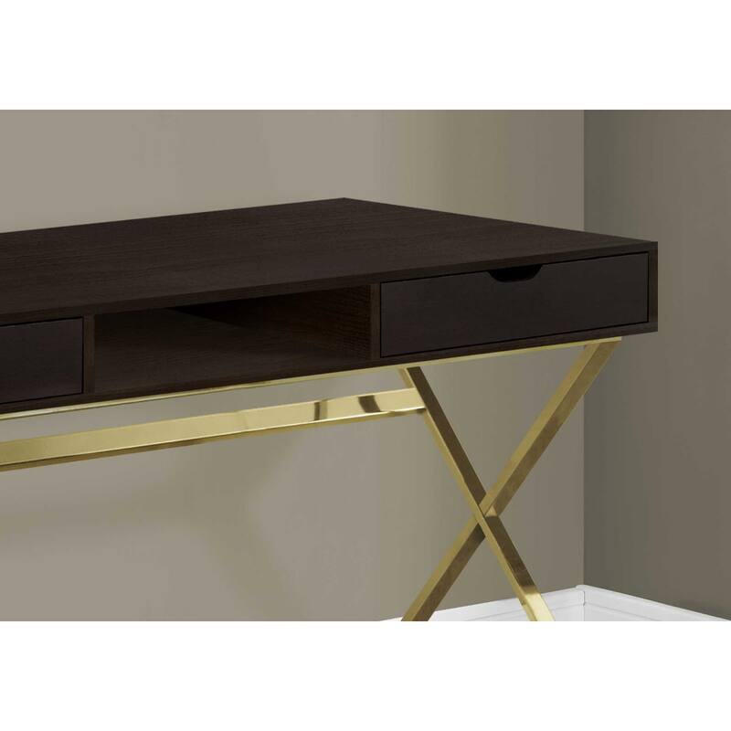 Dark Brown Wood Computer Desk with Gold Metal Base and 2 Drawers