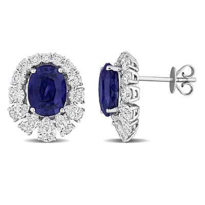 Miadora 6 1/6ct TGW Blue Sapphire and 2 5/8ct TDW Diamond Halo Earrings 14k White Gold