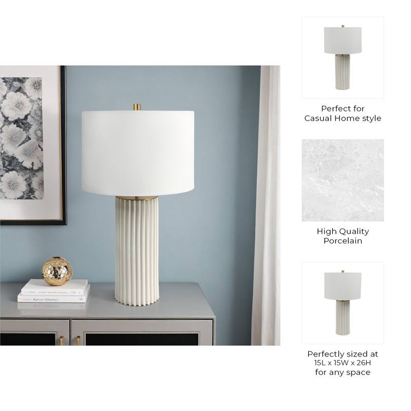 Ceramic Table Lamp Pleated Base with Fabric Drum Shade - 27" White - 15" x 15" x 27"