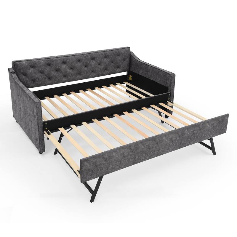 Roomfitters Twin Daybed with Pop-Up Trundle, Upholstered Sofa Bed Frame with USB Charging, Grey