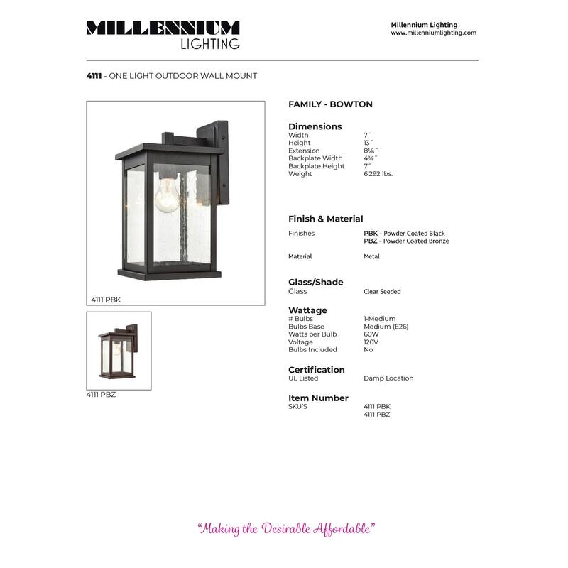 Millennium Lighting Bowton 1 Light Outdoor Wall Sconce in Powder Coat Bronze with a Clear Glass Shade