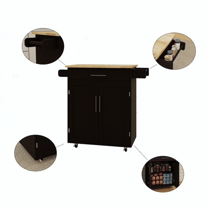 Farmhouse Style Rolling Kitchen Island with Rubber Wood Top, 1 Drawer, Storage Racks, and Locking Casters - White