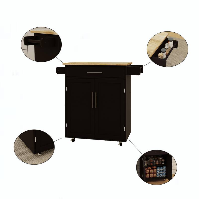 Mobile Kitchen Trolley with 2-Door Cabinet, Pull-Out Drawer, Adjustable Shelf, Seasoning Rack & Lockable Wheels