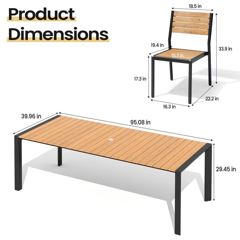 Set of 9 Outdoor Patio Dining Set WoodLike Table Top Aluminum Rectangular Umbrella Hole Table with Stackable Dining Chairs