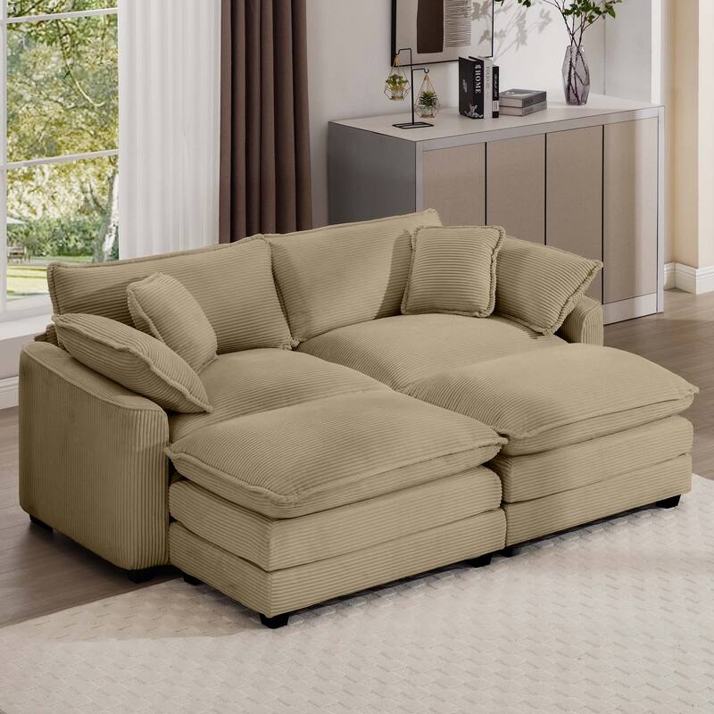 2-Seater Corduroy Sofa with 2 Footrests, Converts to Bed for Compact Spaces - Tan