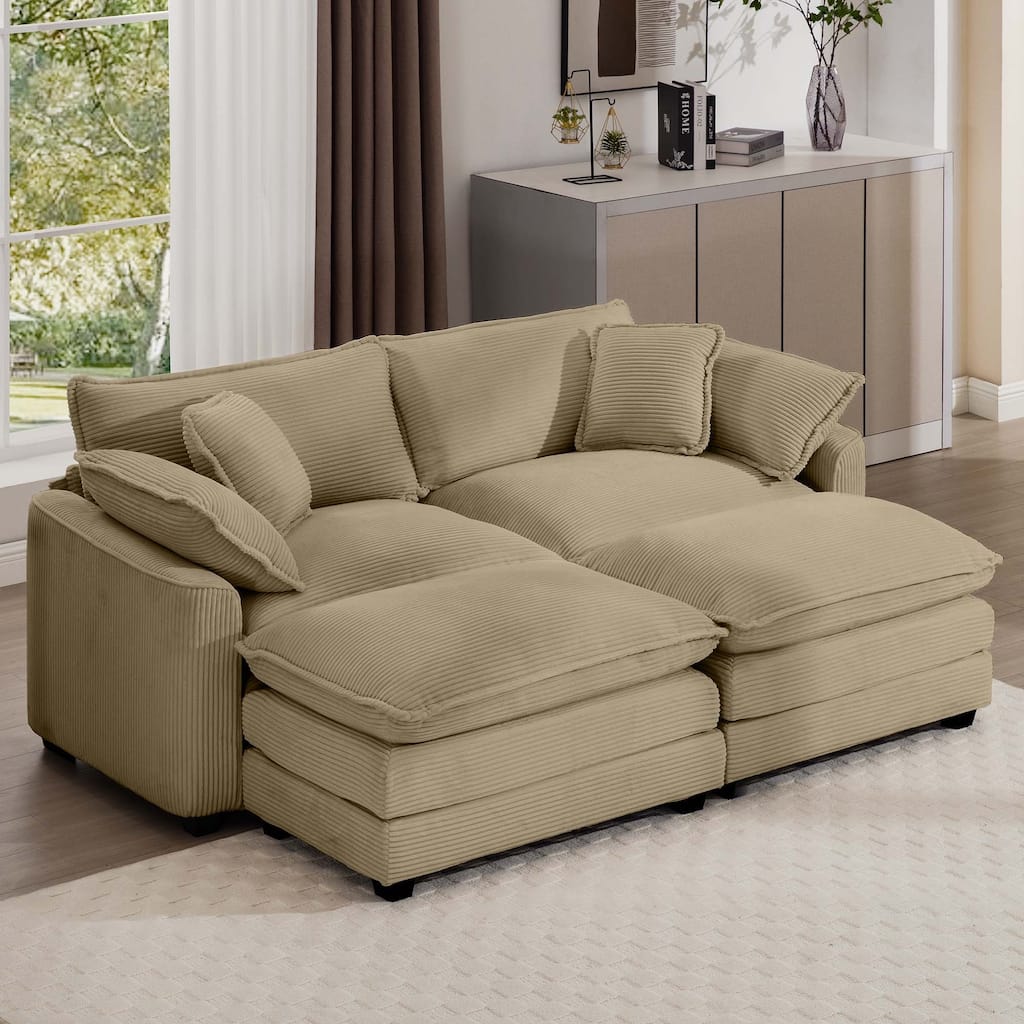 GDFStudio - Fiber Corduroy 2 Seater Sofa with Dual Ottomans Set