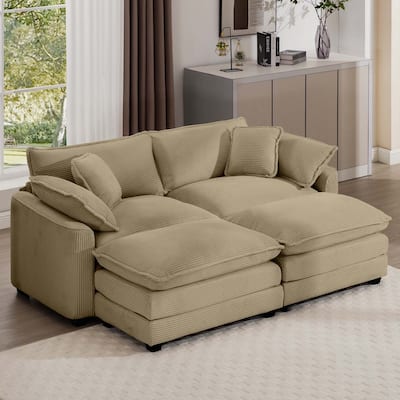 Tan Corduroy Cloud Sleeper Sofa with 2 Ottomans and 4 Pillows
