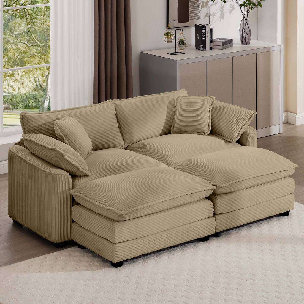 Tan Corduroy Cloud Sleeper Sofa with 2 Ottomans and 4 Pillows