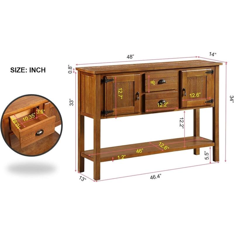 48 Inch Farmhouse Console Table, Farmhouse Entry Table with 2 Drawers and Cabinets, Solid Wood Sofa Table with Shelves