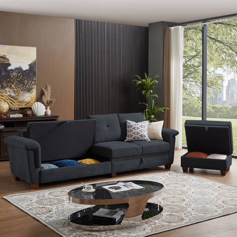 109" Modern 4 Seaters Towelling Sectional Sofa with Hidden Coffee Table Adjustable Headrest and Large Storage Space