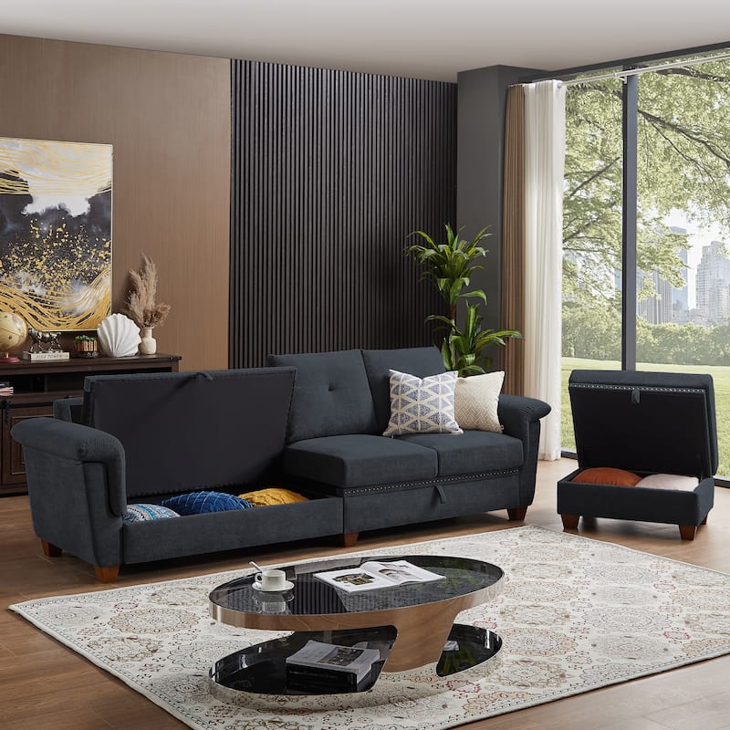 109" Modern 4 Seaters Towelling Sectional Sofa with Hidden Coffee Table and Large Storage Space