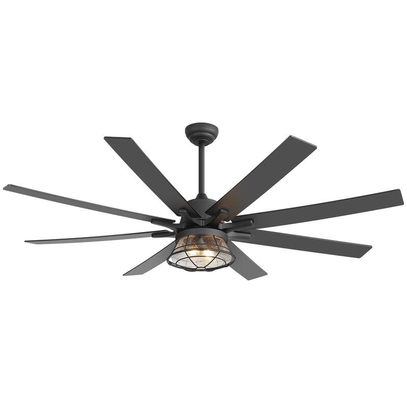 65" Industrial Seeded Glass Black Decorative Ceiling Fan with Remote and Light Kit