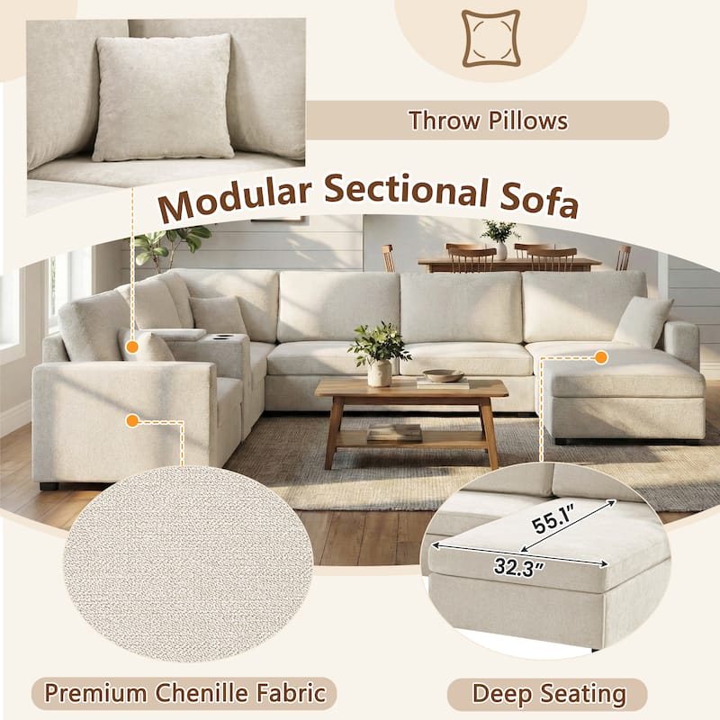 GDFStudio - 134" Modular Chenille U-Shape 5-Seat Sectional Sofa with Storage