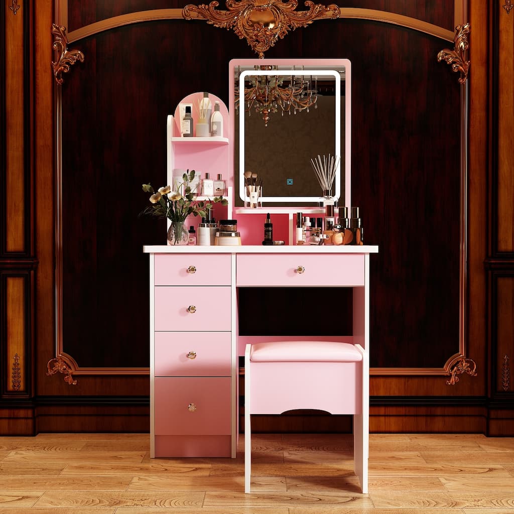 Timechee Makeup Vanity Set with Lightning Mirror, Drawer & Shelf - 31.5''L x 15.7''W x 55.1''H