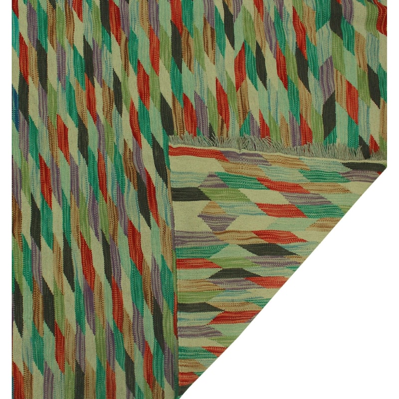Hand-Woven Winchester Kilim Mamoun Green/Rust Rug - 6'8" x 9'11"