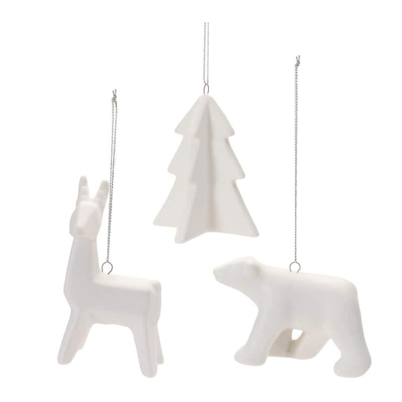Ceramic Deer Bear Tree Ornaments Set of 6 for Christmas Decoration - 2.25” x 1.5” x 3.5” - White