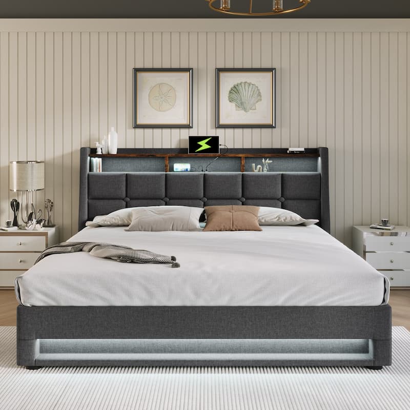 Full Size Upholstered Platform Bed with Hydraulic Storage System, LED and USB Charging