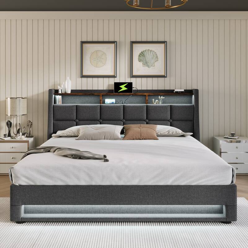 Grey Full Size Upholstered Platform Bed with Hydraulic Storage System, LED and USB Charging