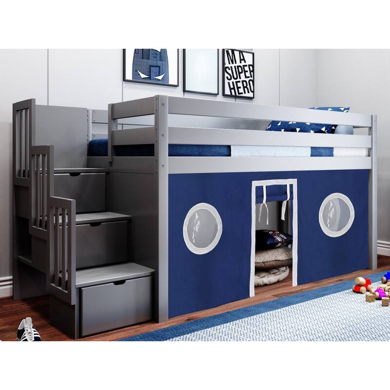 JACKPOT Contemporary Low Loft Twin Bed with 3 Step Stairway and Tent