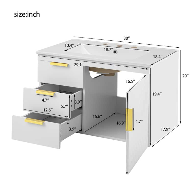 30" Wall Mounted Bathroom Cabinet with Integrated White Ceramic Sink - 30'' x 18.4'' x 20''