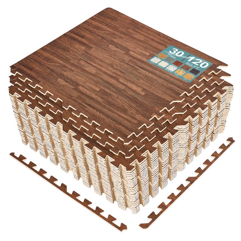 Sorbus 120 Sq. Ft. Wood Grain Floor Tiles Foam Mat EVA Interlocking Mats Tile 3/8-Inch Thick Flooring Wood Puzzle Exercise Mats - Dark Brown