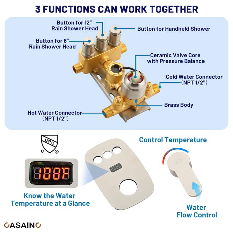 3-Spray Patterns 1.8 GPM 12 in. and 6 in. Dual Shower Head and Handheld Shower Head with Digital Display and Pressure-Balanced