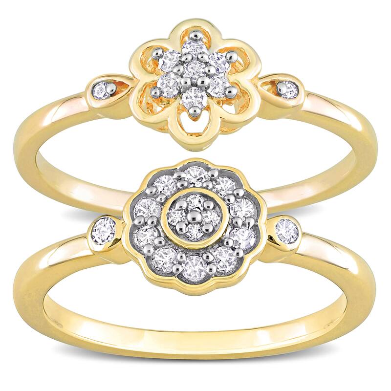 Miadora 1/3ct TW Diamond Flower Rings 2-Piece Set Yellow Silver