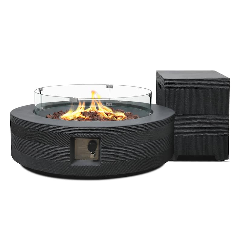 Patio Watcher 42in. Outdoor Round Magnesium Oxide Fire Pit Table with Gas Tank Cover and Wind Guard