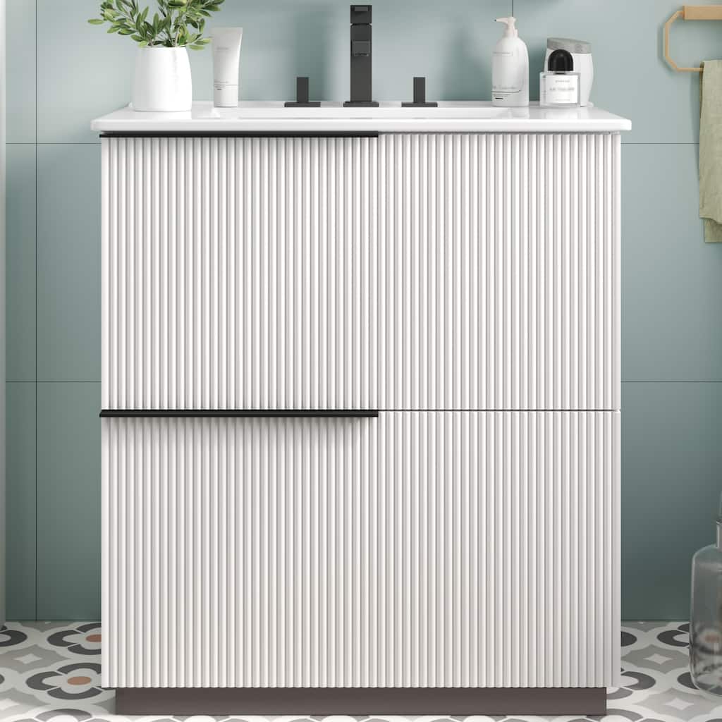 30" Bathroom Vanity with Ceramic Sink - Full-Extension Drawers, Soft-Close Slides, Fluted Design