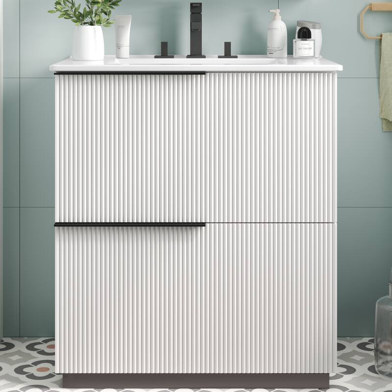 30" Bathroom Vanity with Ceramic Sink and Full-Extension Drawers, Soft Close Undermount Drawer Slides, Fluted Design