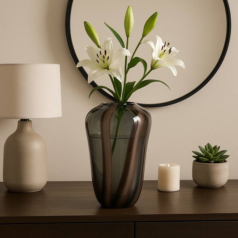 Glass Modern Striped Decorative Vase - Brown