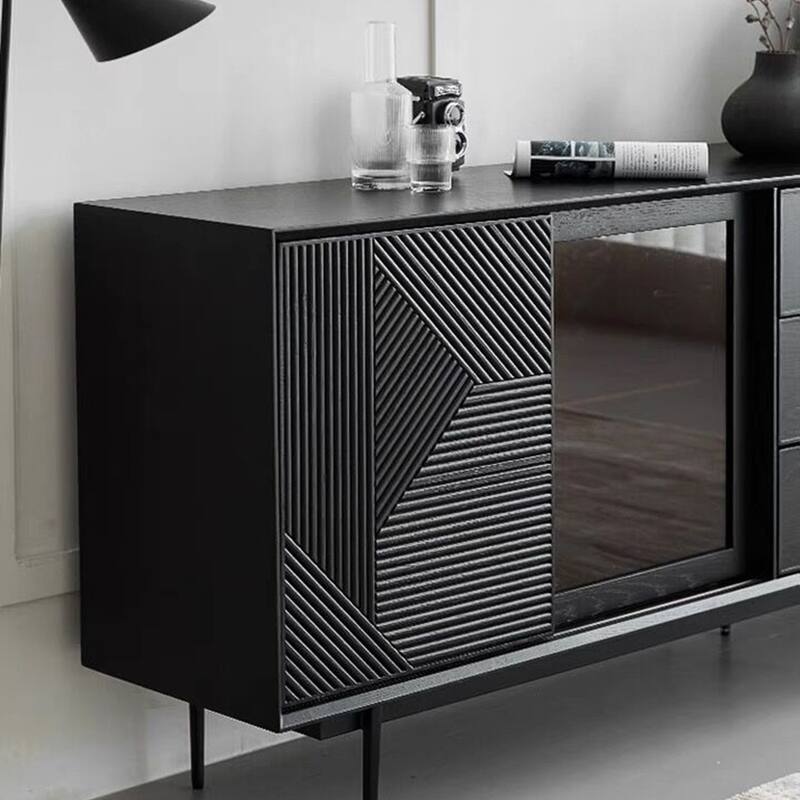 59.06" Mid Century Modern Black Sideboard Buffet with Tempered Glass,Geometric Pattern Design, Metal Legs, Assemble Needed