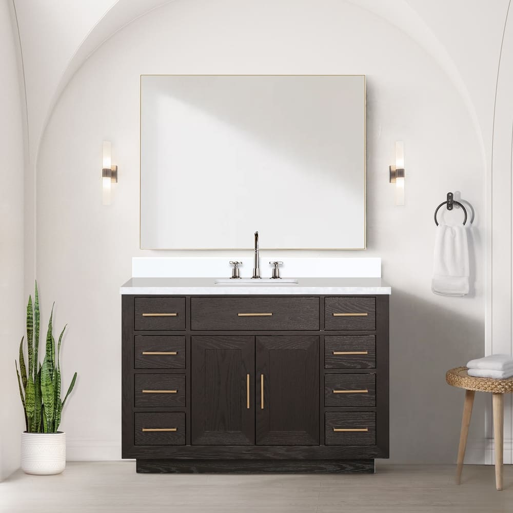 Abbey 48 in W x 22 in D Black Oak Single Bath Vanity, White Quartz Top, Faucet Set, and 46 in Mirror