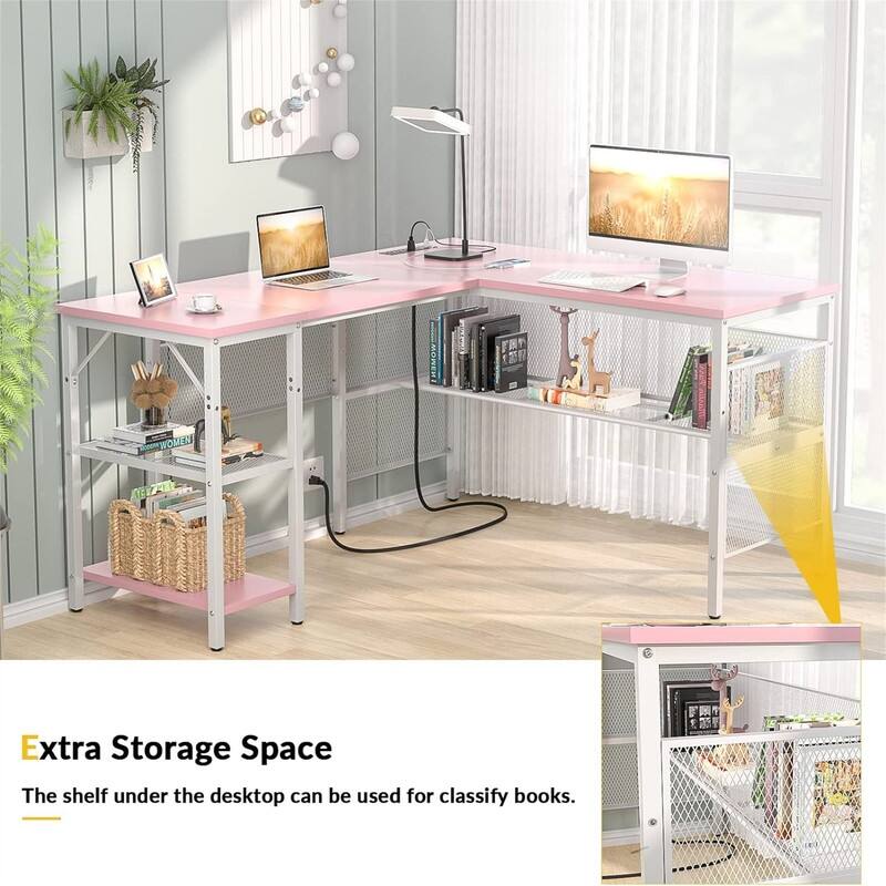 L Shaped Desk with USB Charging Port and Power Outlet