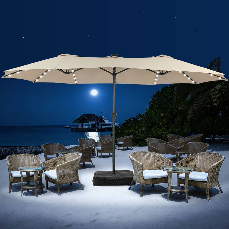 15ft Patio Umbrella Outdoor Market Umbrella with Base and LED Lights - Khaki