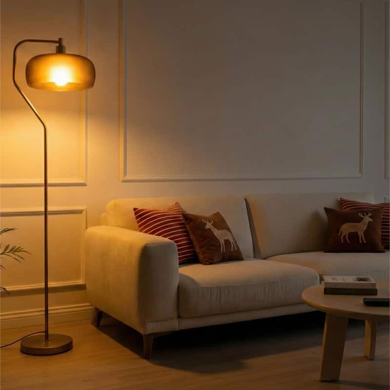 Tute Modern Floor Lamp with Curved Gold Base and Black Drum Shade - Gold