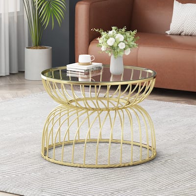 Versatile Hourglass Accent Table Round Coffee Table with Clear Tempered Glass Top and Gold Hollowed-out Lines Metal Frame