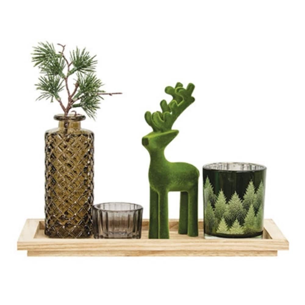 Green Grey Wooden Tray Set of 5 with Reindeer Vase Candle Holders Woodland Decor - Tray: 0.75" H x 11" W x 5" D