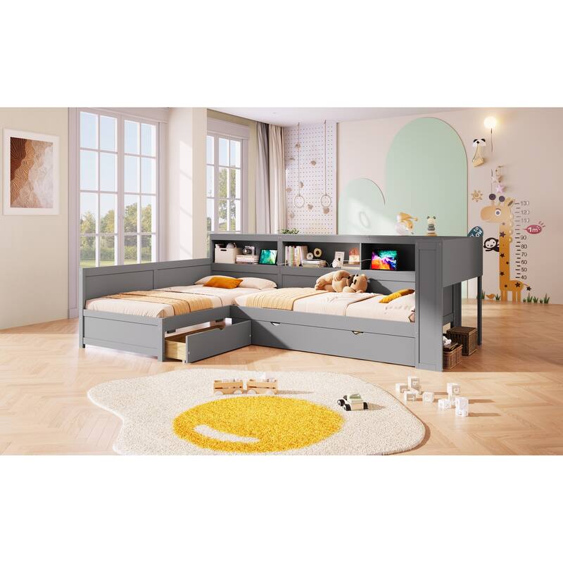 L-Shaped Twin Platform Bed with Trundle, Storage Drawer & Charging Station, Grey