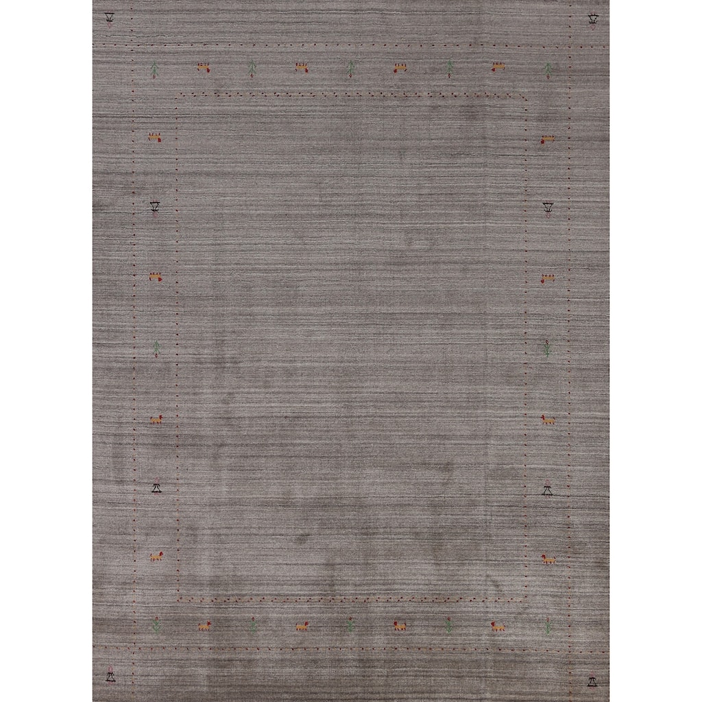 Hand Knotted Oriental 100% Wool Carpet Tribal Animal Pictorial Greys & Charcoal Gabbeh Area Rug - 9' 9'' X 8' 2''