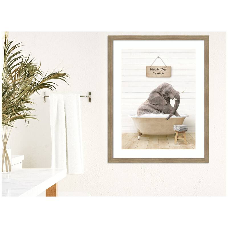 Kate and Laurel Young Elephant in Modern Bathtub Wash Your Trunk by Amy Peterson Framed Wall Art Print