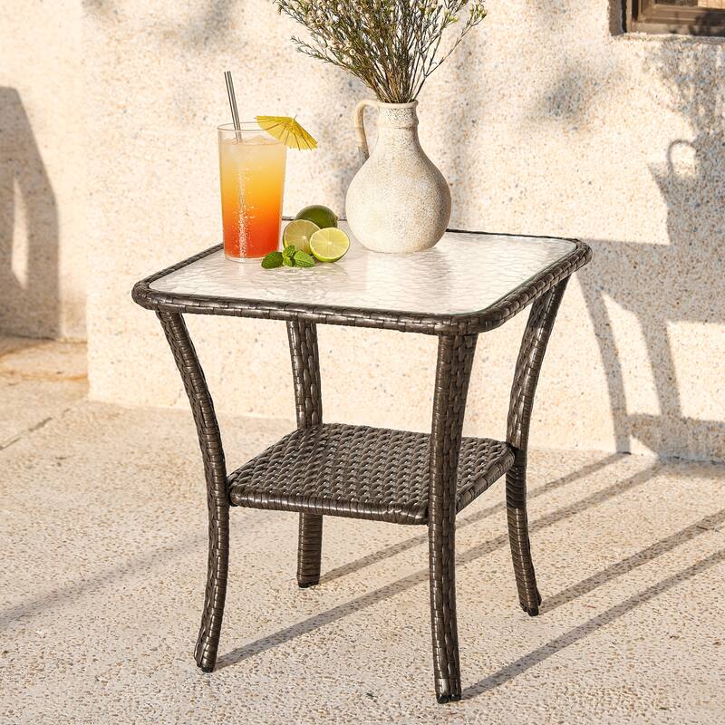 Wicker Rattan Side Table With Built-in Glass - 19.68'' H X 19.68'' D X 19.68'' W - 19.68'' H X 19.68'' D X 19.68'' W
