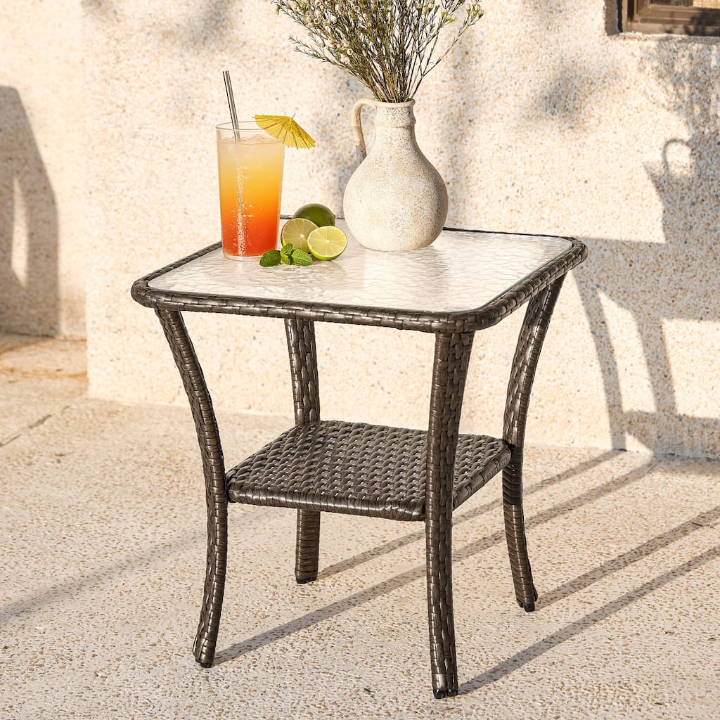 Wicker Rattan Side Table With Built-in Glass - 19.68'' H X 19.68'' D X 19.68'' W