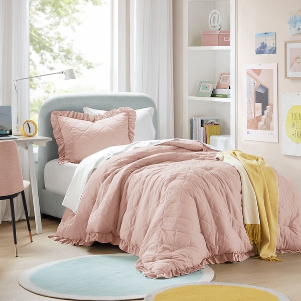 slide 2 of 10, Chelsea Square Himari Diamond Quilted Ruffle Edge Comforter Set Blush - Twin
