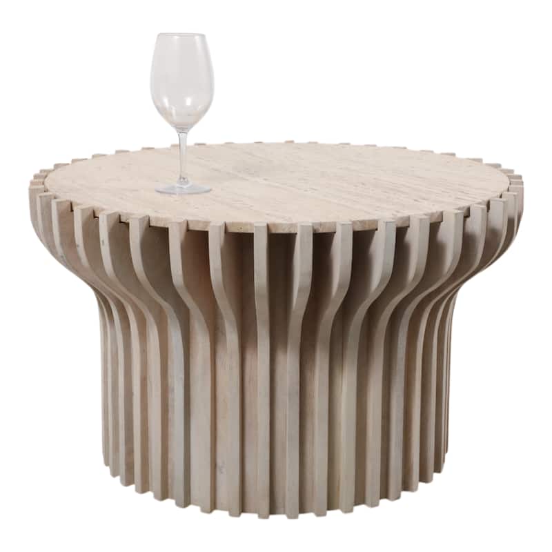Decorative Travertine Accent Table with Wodden Carved Base- 25", White
