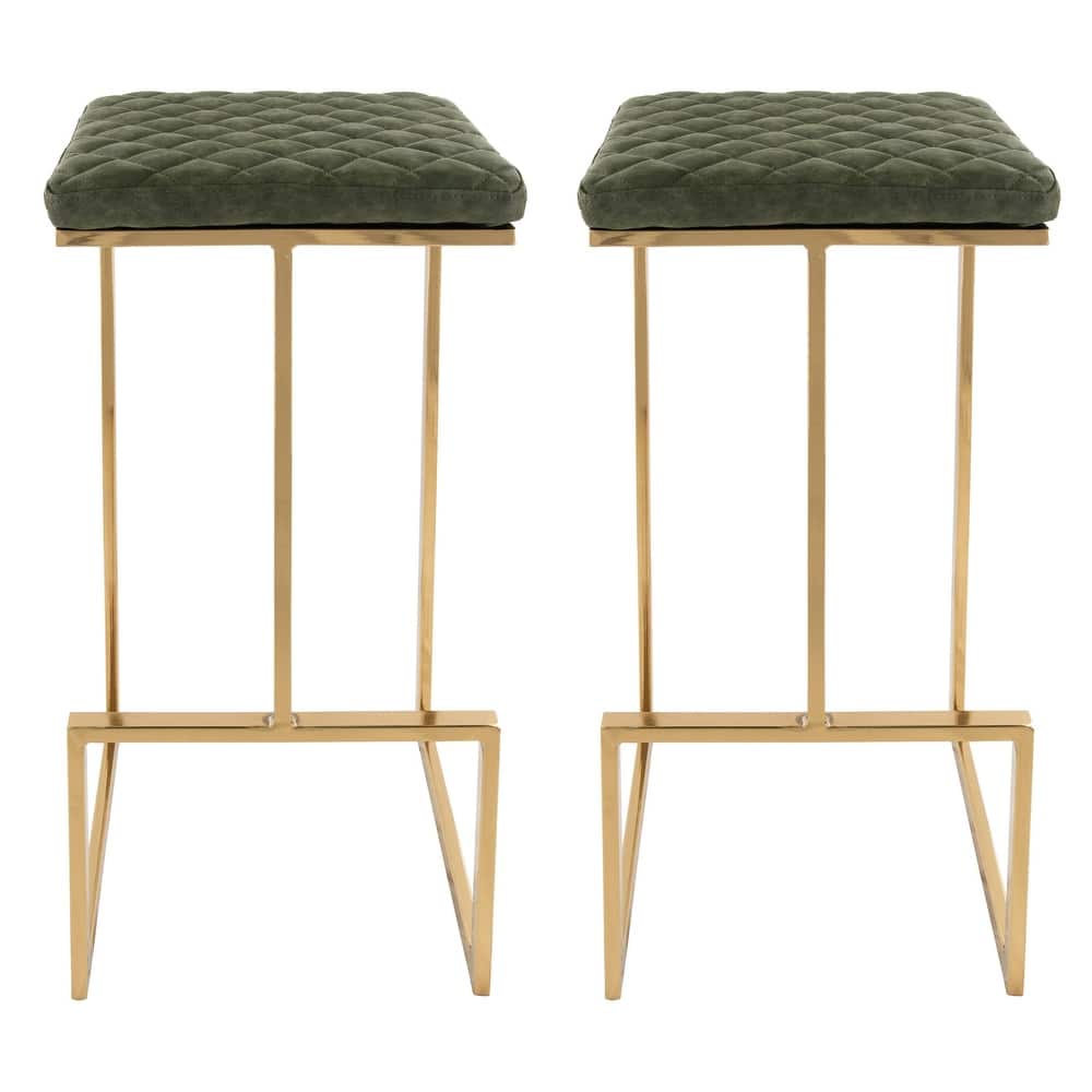 Quincy Set of 2 Modern Leather Barstool with Upholstered Square Seats in Gold Metal with Footrest for Home Bar & Kitchen Counter