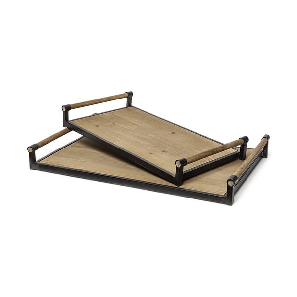 Set Of 2 Light Brown Wood With Matte Black Metal Frame And Two Handles Trays Set Of 2 Light Brown Wood With Matte Black Metal Frame And Two Handles Trays
