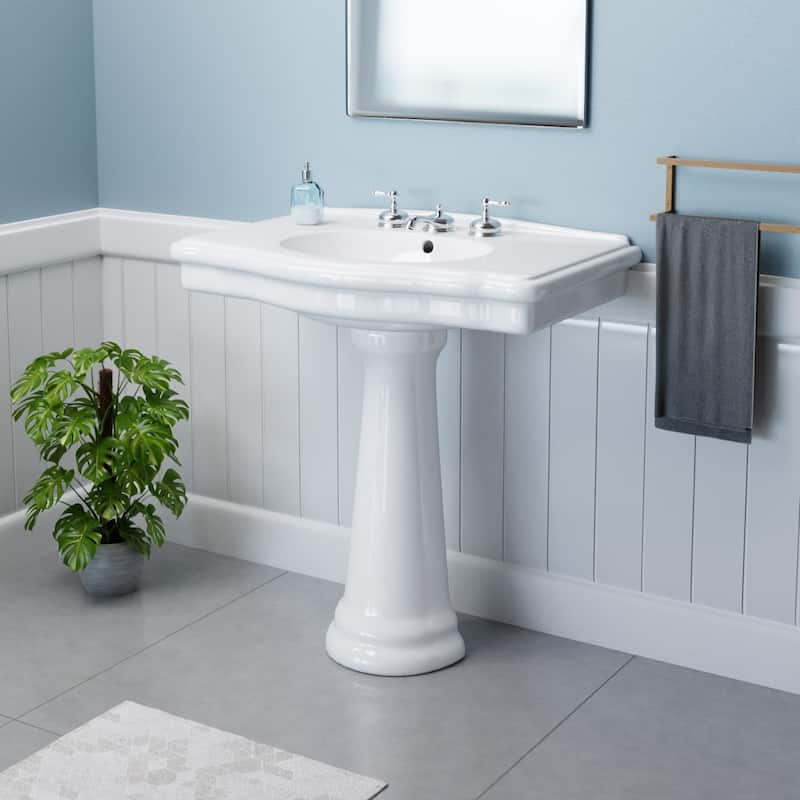 Darbyshire White Pedestal Sink with 8" Widespread Faucet Holes and Overflow (Set of 2) - N/A - White