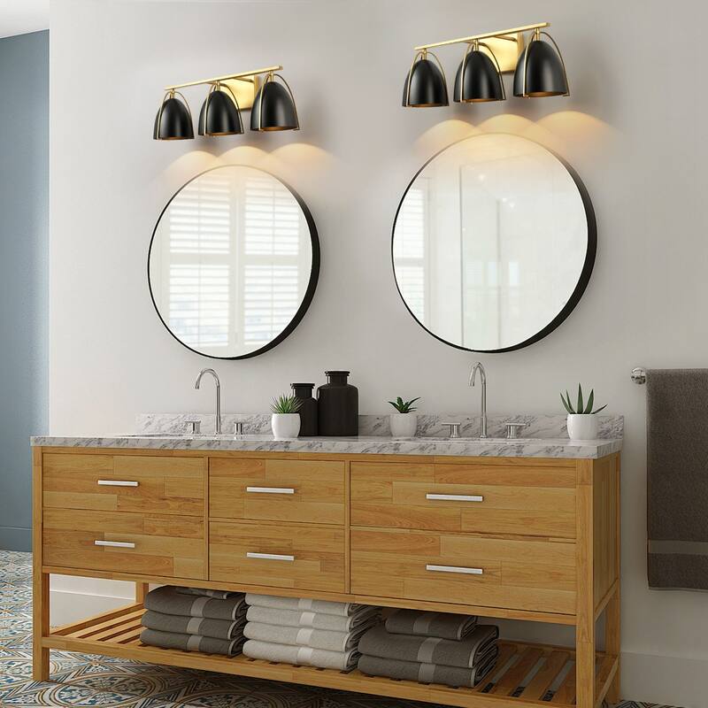 3-Light Mid-Century Modern Black and Brushed Gold Bowl Dome Vanity Light - 23.23 in. W x 8.66 in. H x 8.66 in. D