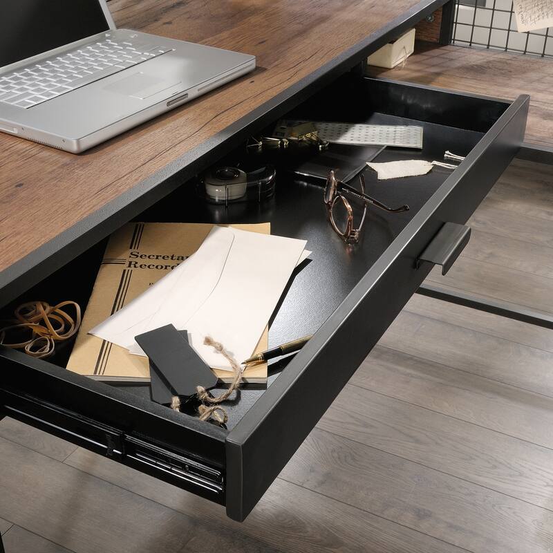 Engineered Wood Industrial L-Shaped Desk with 2 Drawers and Shelves, Brown